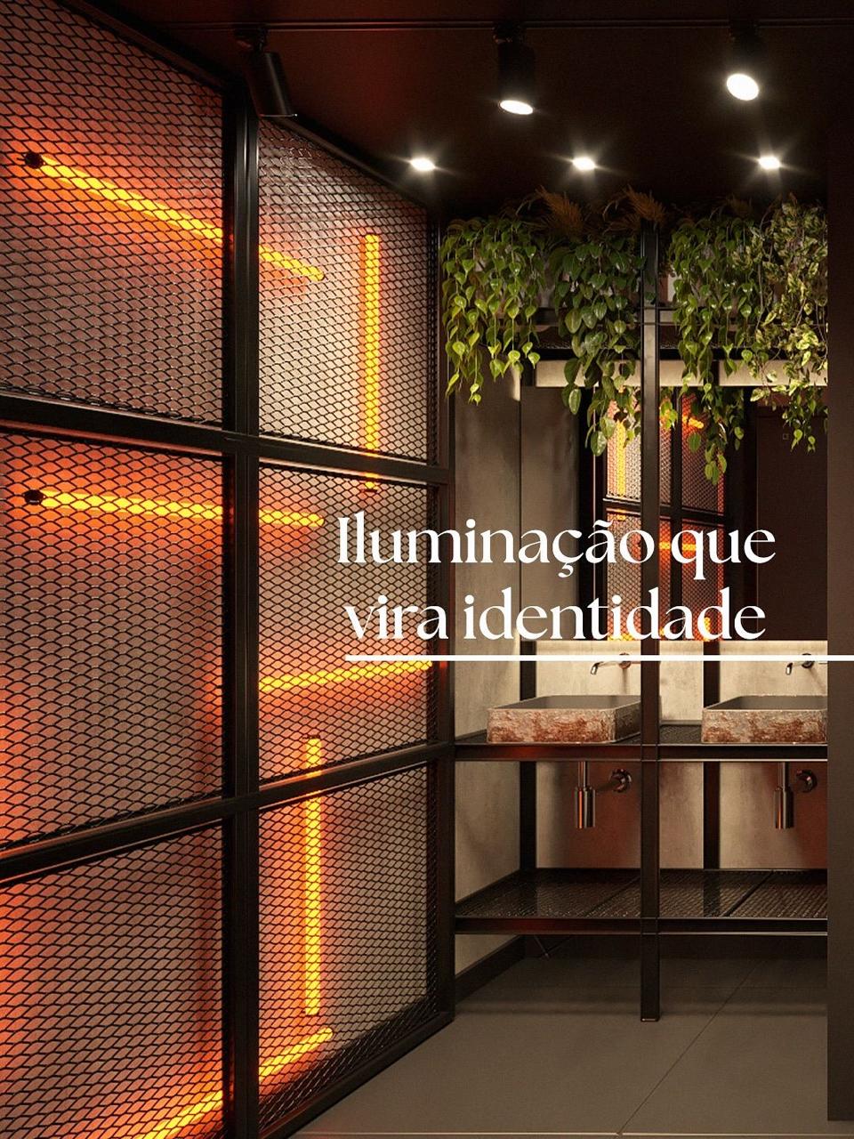Backlit mesh partition — restaurant washroom